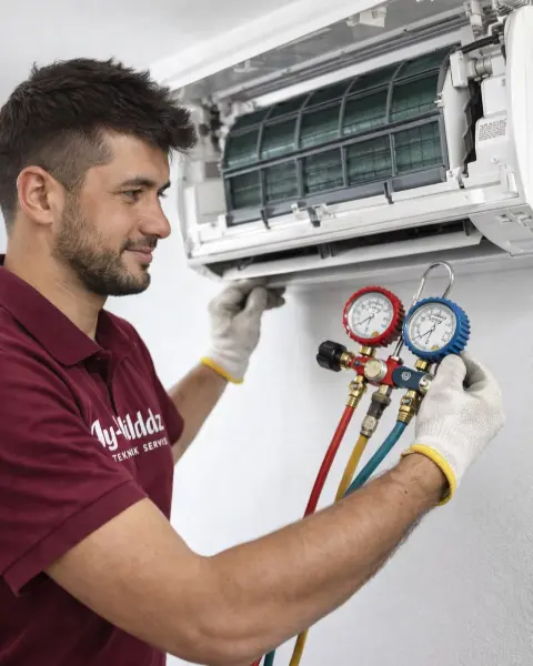 Osmaniye klima servisi ustası klima bakım ve gaz ölçümü yaparken Ayyıldız Teknik Servis