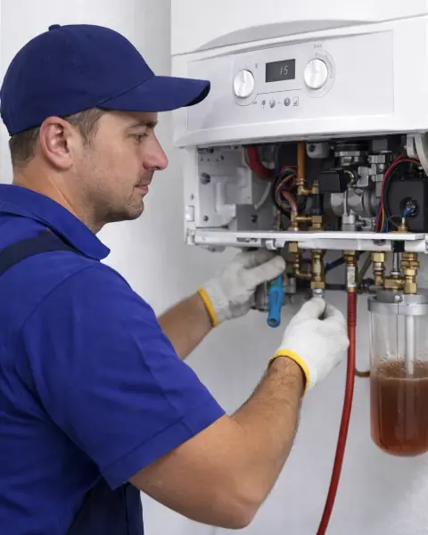 Osmaniye kombi servisi ustası petek temizliği ve kombi bakım işlemi yaparken